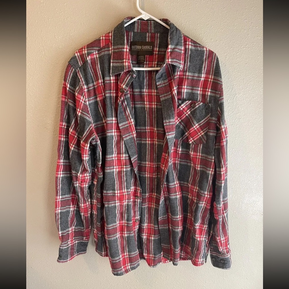 Outdoor Casuals Long Sleeve Men’s Light Gray/Red Flannel L